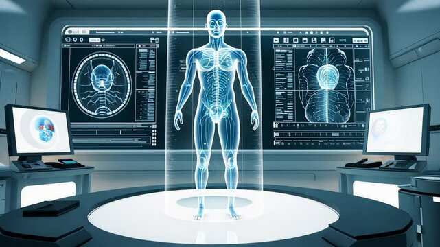 Futuristic Human Body Hologram Display in Advanced Medical Laboratory with Digital Scans and High-Tech Diagnostic Equipment

