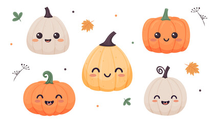 Adorable pumpkins with happy expressions, surrounded by autumn leaves, fall season