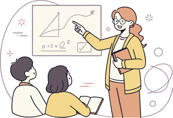 Teacher or Instructor Character Illustration Featuring Classroom and Chalkboard. Professional Teacher Character in Educational Scene with Students and Books. Modern Instructor Character Teaching