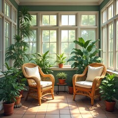 Sunroom with wicker furniture, rich plants, large windows. Interior design concept, cozy vibes. Relaxation spot. Comfortable armchairs with soft pillows. Home decor, nature, zen.