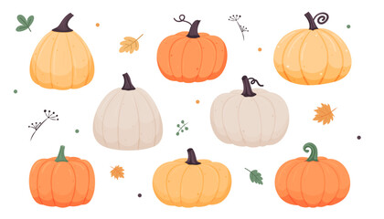 Pumpkins cute collection with leaves on white background. Autumn harvest, Thanksgiving, and seasonal decor