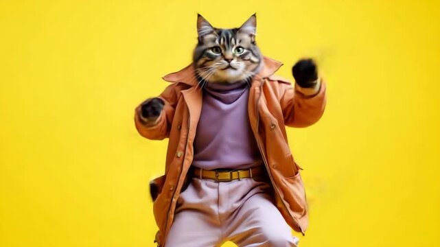 Cat head on a human body wearing clothes, dancing, yellow backdrop