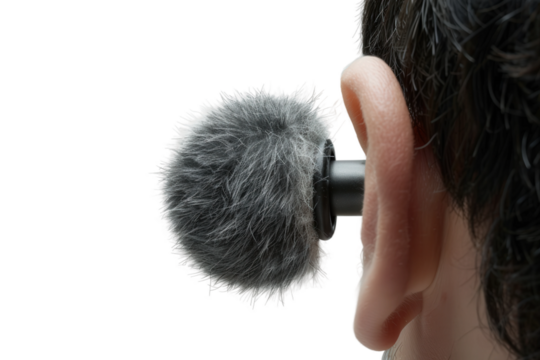 Man using discreet in-ear microphone during audio or video recording.