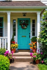 Brightly colored potted plants and flowers adorn a charming front porch, creating a welcoming and vibrant entrance to a home , design, home decor