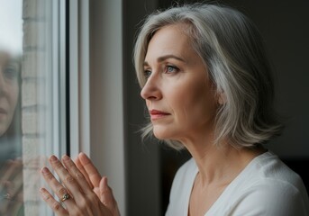 Pensive senior woman with gray hair looking out window in thoughtful reflection
