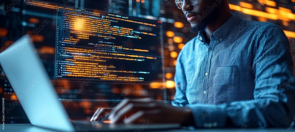 Poster dedicated programmer coding innovative software with cutting-edge technology in a modern workspace.