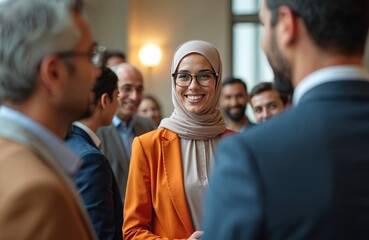 Smiling Muslim businesswoman speaks during networking event. Professional female in hijab, orange jacket, glasses interacts with diverse colleagues. Teamwork, communication, modern office environment.