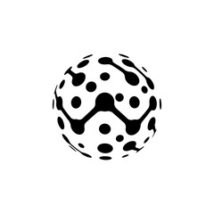 A white 3D abstract globe featuring an organic pattern of black dots and interconnected nodes, evoking molecular structures, neural networks, or data connectivity. This modern tech icon symbolizes art
