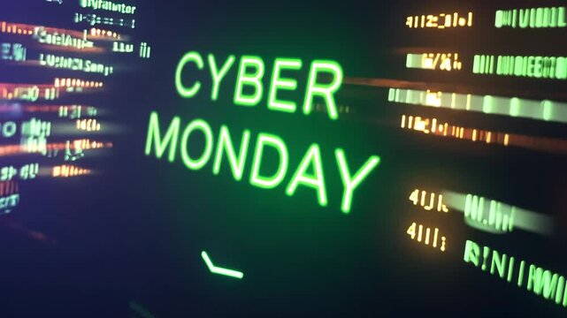 Cyber Monday in bright green neon, overlayed with digital code