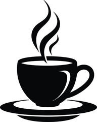 Black steaming coffee cup vector icon on saucer simple cafe tea hot drink illustration