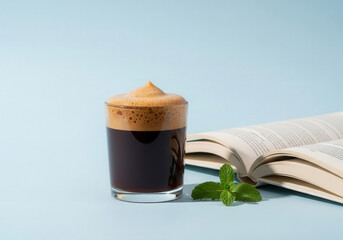 Minimalist still life with a glass of Yemeni coffee and open book for relaxation