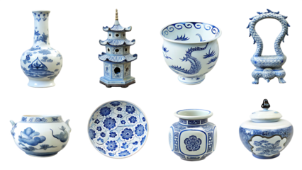   blue and white chinese porcelain ceramics isolated on white background PNG, ai generated
