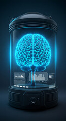 Futuristic blue glowing brain in glass cylinder with digital interface