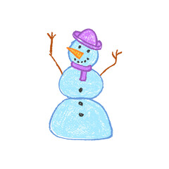 Happy snowman doodle in kid-style pastel wax for Christmas and New Year. A vector for school or kindergarten chalkboard projects with charcoal texture and playful squiggle vibe.