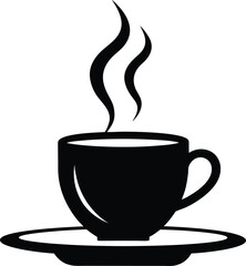 Black steaming coffee cup vector icon on saucer simple cafe tea hot drink illustration