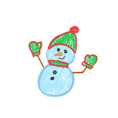 Cute Xmas snowman doodle with mittens and hat in pastel wax style, drawn by a kid. Vector for school, kindergarten, or chalkboard art. Perfect for children s Christmas and New Year squiggle designs.