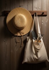 Cozy rustic decor with straw sunhat and gardening tools on wooden hook