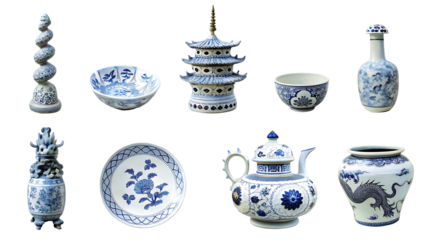   blue and white chinese porcelain ceramics isolated on white background PNG, ai generated