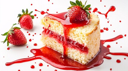 Strawberry sauce splashing onto a slice of sponge cake, its bright red gloss creating a playful and inviting dessert, isolated on white background,