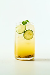 Passion fruit sparkling water filled with ice cubes to cool down