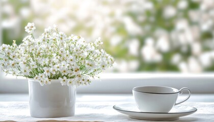 Elegant Still Life Featuring a Fresh Table with a Floral Teacup in a Bright, Inviting Kitchen