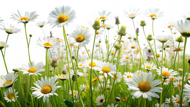 meadow grass with wild daisies in full flower in isolated on white background png , AI GENERATED