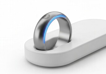 Close up of a smart ring charging in a compact dock for technology design