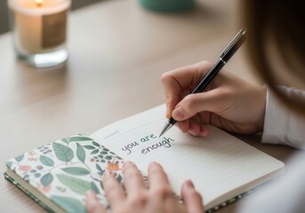 Woman writing inspirational message in journal with candle and floral decor