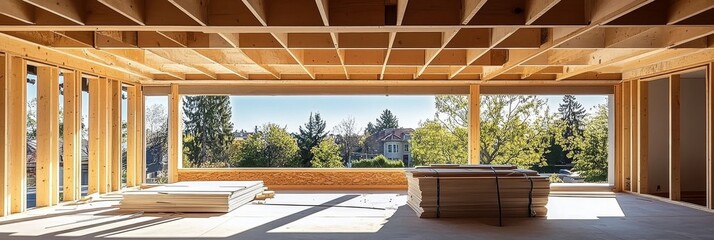 Stunning Wooden Beams Showcase Unique Framing Style in Unfinished New House Interior Construction