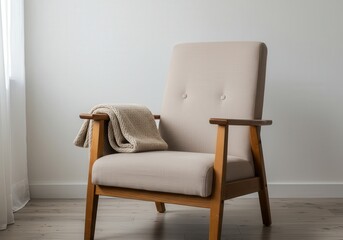 Cozy beige armchair with knitted blanket in minimalist living room