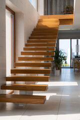 Floating Wooden Staircase Modern House Bright Daylight Interior Design