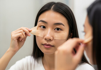 Young woman applying under-eye face tape patches in mirror for skincare routine