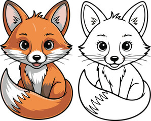 A cartoon illustration showing a colored fox and a black and white line art version of the same fox