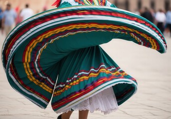 Dynamic Mexican folk dance in traditional colorful dress mid-twirl