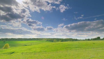 A Serene and Tranquil Green Meadow Blanketed Under a Beautiful and Picturesque Cloudy Sky Time...