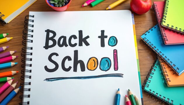 Back to school concept with colorful pencils, notebooks, apple on wooden desk. Top-down view shows learning environment with creative elements for students, kids. Education, knowledge, study concept. - Powered by Adobe