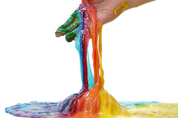 Rainbow slime being stretched apart showing color transition and shine.