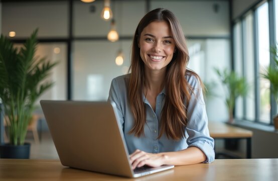 Beautiful young woman smiles, works on laptop at table. Brunette with long hair looks cheerful, using computer for remote work. Home office, freelancer, online, internet. Laptop, technology, business.
