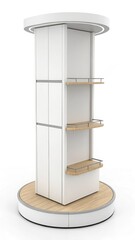 Modern Minimalist Retail Display Stand: Three-Tiered Oak Shelves, White Cabinet, Circular Base, Clean Design, Ideal for Product Showcase, Elegant and Functional, High-Resolution 3D Render.