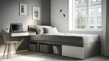 Compact modern bedroom with creative storage under the bed, a small workstation by the window, and clean grey-and-white contrast in decor