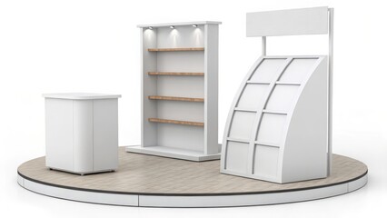 Modern Minimalist White Retail Display Booth:  Shelving, Brochure Stand, and Counter on Circular Platform; Clean, Bright, and Professional Design for Product Showcase.