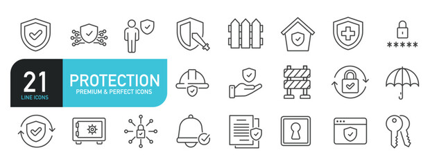 Set of line icons related to protection, security, defense, safety. Outline icons collection. Editable stroke. Vector illustration