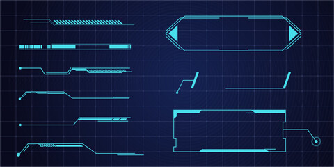 Futuristic blue HUD interface with digital elements, text boxes, arrows, and cyberpunk-style frames for sci-fi presentations, games, or videos. UI design.