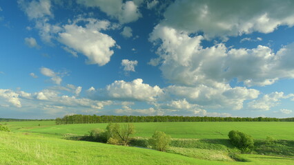 A picturesque and serene green landscape adorned by a stunning blue sky with soft clouds Time lapse.