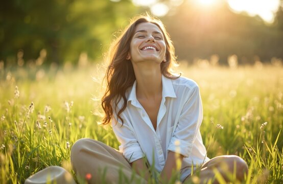 Young woman enjoys sunny spring day sitting on grass. Happy girl with closed eyes smiles in the sunlight, feeling joy and freedom, relaxing outdoors. Nature, happiness, lifestyle concept.