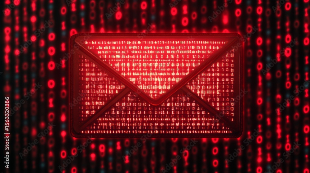 Poster threats illustrated by ominous email envelopes. a cyber-attack on a digital mailbox and binary code.