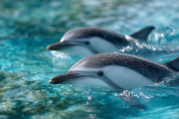 Fototapeta premium Two dolphins glide through crystal clear water, showcasing their playful nature and vivid details in a stunning marine environment.