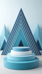 Serene Blue Abstract Product Display: Three-Tiered Cylindrical Platform with Geometric Triangular Backdrop; Minimalist, Modern, and Calming Aesthetic for Branding and Product Showcase.