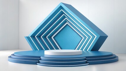 Modern Blue Geometric Product Display Platform with Illuminated Steps and Hexagon Backdrop: Clean Minimalist Style for Tech or Beauty Branding.