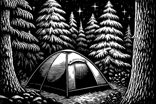 camping tent under pine trees and stars, perfect for travel posters, outdoor gear branding or adventure stories a black and white line art illustration